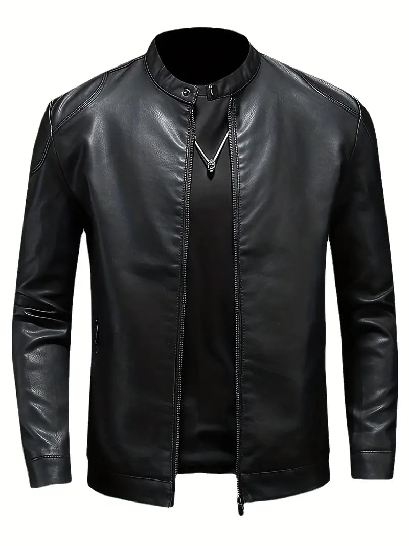 Chic Men's Casual Faux Leather Jacket - Durable, Zip-Up, Stand Collar, Perfect for Spring/Fall Coo